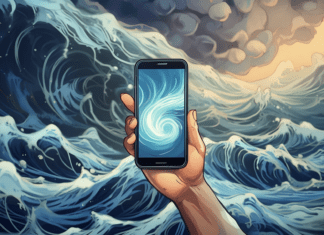 a hand holding a cell phone in front of a painting of waves